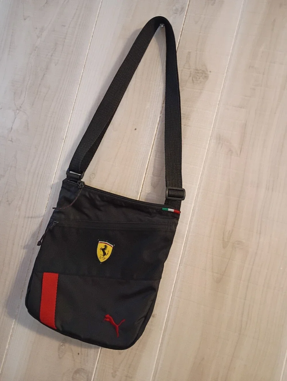 PUMA Scuderia Ferrari Adjustable Crossbody Black Shoulder Bag with Red Accents